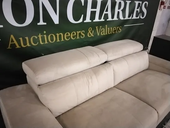 BRAND NEW ITALIAN MADE MARINELLI AZIMUT THREE SEATER BEIGE VELVET SOFA WITH ADJUSTABLE HEADRESTS  RRP £2665