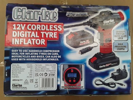 BOXED  CLARKE AIR 12V CORDLESS TIRE INFLATOR
