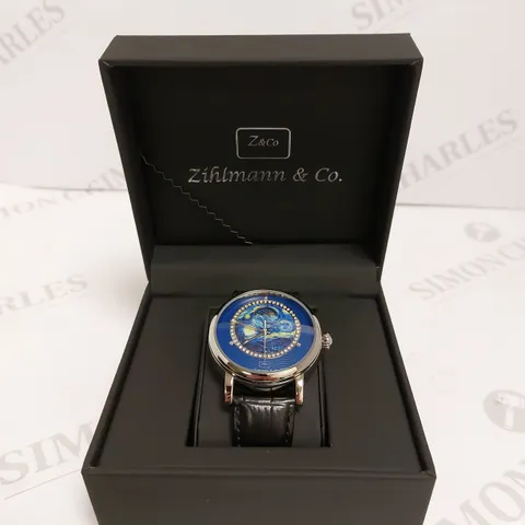 MENS ZIHLMANN & CO AUTOMATIC WATCH – Z150 – MOONPHASE DIAL – GLASS EXHIBITION BACKCASE - BLACK COLOUR CASE – BLACK LEATHER