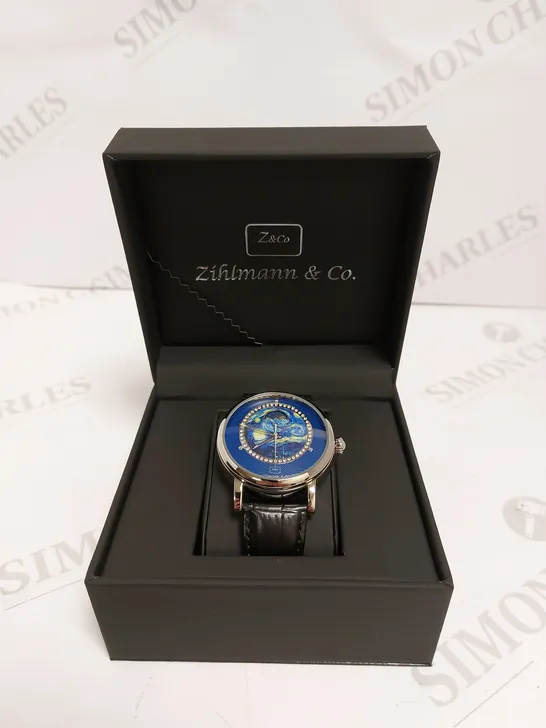 MENS ZIHLMANN & CO AUTOMATIC WATCH – Z150 – MOONPHASE DIAL – GLASS EXHIBITION BACKCASE - BLACK COLOUR CASE – BLACK LEATHER