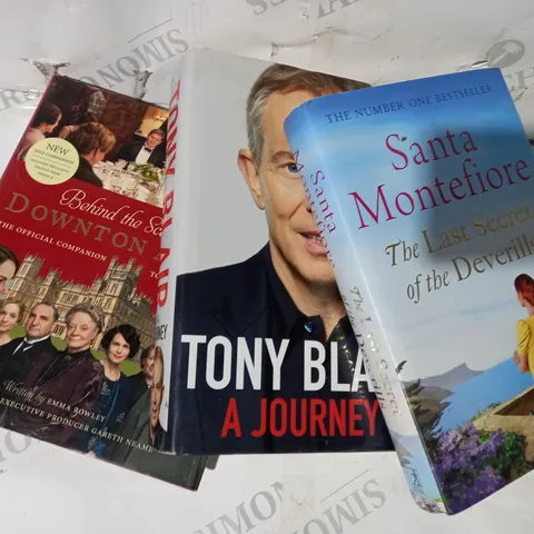 BOX OF APPROXIMATELY 5 ASSORTED BOOKS TO INCLUDE BEHIND THE SCENES AT DOWNTOWN ABBEY, TONY BLAIR A JOURNEY, SANTA MONTEFIORE THE LAST SECRET OF THE DEVERILLS, ETC