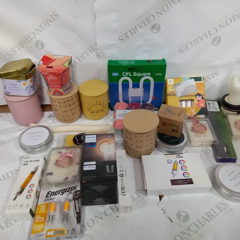 BOX OF ASSORTED HOUSEHOLD ITEMS TO INCLUDE CANDLES, BULBS