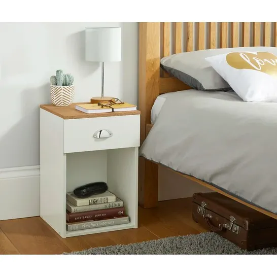 BOXED OVIEDO MANUFACTURED WOOD BEDSIDE TABLE - CREAM & OAK EFFECT (1 BOX)