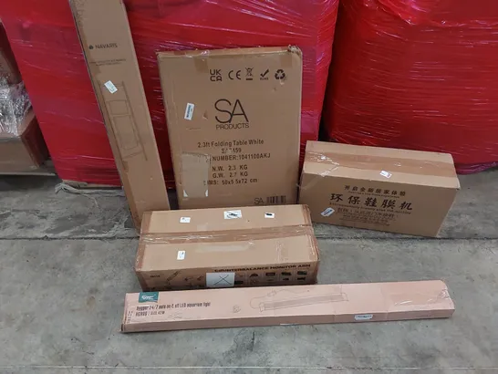 PALLET OF ASSORTED ITEMS INCLUDING: FOLDING TABLE, SHOE FILM MACHINE, LED AQUARIUM LIGHT, BAMBOO TOWEL LADDER, COUNTERBALANCE MONITOR ARM