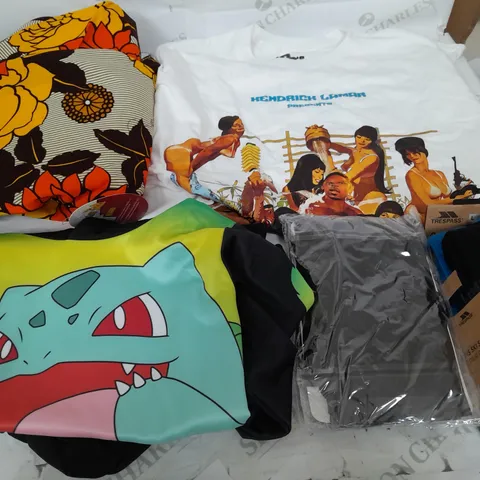 BOX OF APPROXIMATELY 20 ASSORTED CLOTHING ITEMS TO INCLUDE POKEMON JUMPER, TRESPASS SOCKS, KENDRICK LAMAR TOP