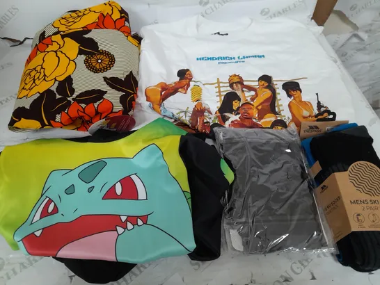 BOX OF APPROXIMATELY 20 ASSORTED CLOTHING ITEMS TO INCLUDE POKEMON JUMPER, TRESPASS SOCKS, KENDRICK LAMAR TOP