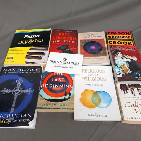 LARGE QUANTITY OF ASSORTED BOOKS TO INCLUDE TITLES SUCH AS; CROOK MANIFESTO, CALL THE MIDWIFE, RELIGIOUS BUT NOT RELIGIOUS, CASE HISTORIES AND PIANO FOR DUMMIES