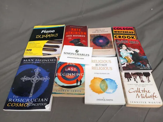 LARGE QUANTITY OF ASSORTED BOOKS TO INCLUDE TITLES SUCH AS; CROOK MANIFESTO, CALL THE MIDWIFE, RELIGIOUS BUT NOT RELIGIOUS, CASE HISTORIES AND PIANO FOR DUMMIES