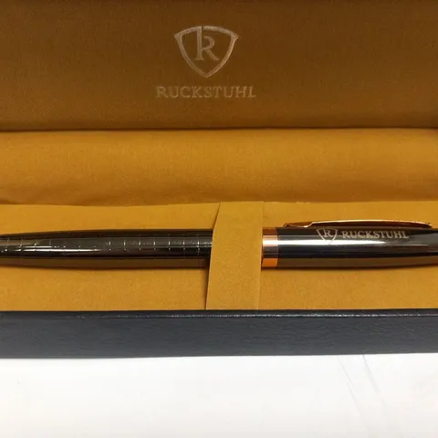 BOXED RUCKSTUHL STAINLESS STEEL LUXURY PEN IN GIFT BOX – BLACK & ROSE GOLD COLOUR CASE - HAND ASSEMBLED 