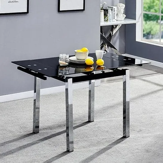 BOXED PARIS EXTENDING BLACK GLASS DINING TABLE WITH CHROME LEGS (1 BOX)