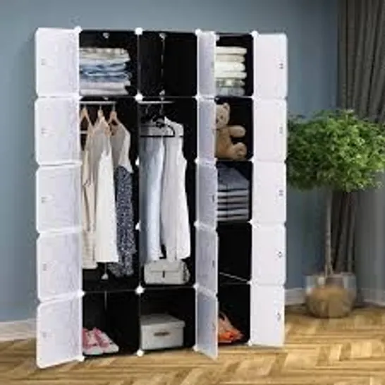 BOXED HOMCOM PORTABLE WARDROBE FOR BEDROOM, 15 CUBE CLOSET WITH HANGING RAIL, MODULAR STORAGE CABINET, PLASTIC ARMOIRE FOR SPACE SAVING, WHITE AND BLACK