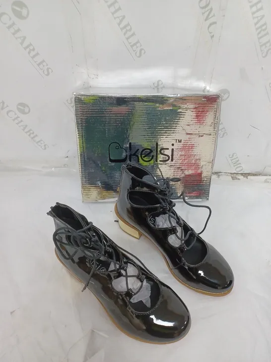 APPROXIMATELY 10 PAIRS  OF BOXED KELSI BLACK BLOCK HEEL LACED BOOT IN VARIOUS SIZES 