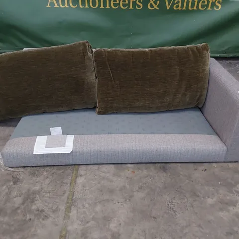 DESIGNER TWO SEATER SECTION GREY FABRIC & PAIR PLUSH GREEN FABRIC BACK CUSHIONS 