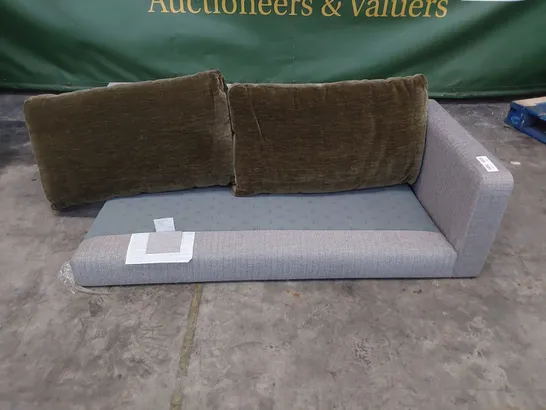 DESIGNER TWO SEATER SECTION GREY FABRIC & PAIR PLUSH GREEN FABRIC BACK CUSHIONS 