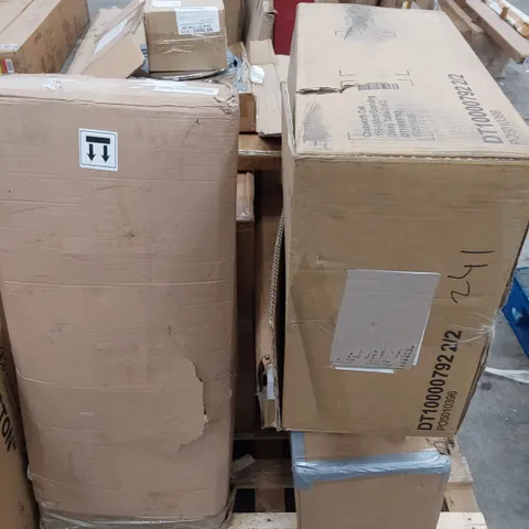 PALLET OF ASSORTED BOXED FURNITURE PARTS INCLUDING MIRRORED NEST OF TABLES, DINING TABLE PARTS, CHRISTMAS TREE.