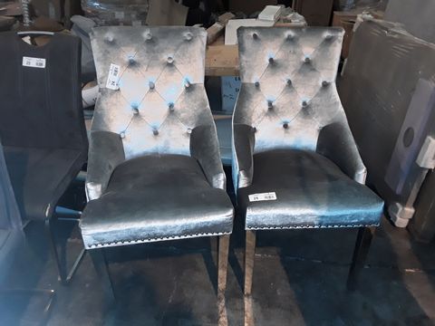 PAIR OF DESIGNER SILVER FABRIC UPHOLSTERED DINING CHAIRS WITH STUDDED DETAIL ON POLISHED METAL SUPPORTS