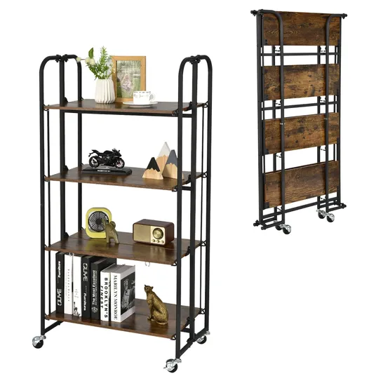 BOXED COSTWAY 4-TIER FOLDING ROLLING CART PORTABLE STORAGE SHELVES W/WHEELS NO ASSEMBLY RACK