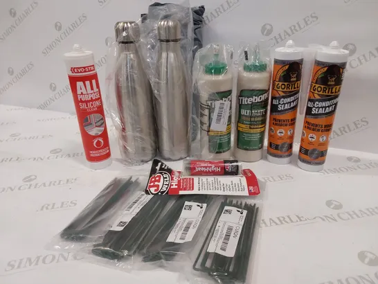 12 BRAND NEW ITEMS TO INCLUDE: 2 X ALL PURPOSE SILICONE, 2 X TITEBOND, JB WELD HIGHHEAT, 4 PACKS OFGARDEN STAKES