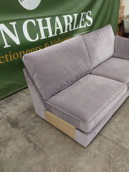 DESIGNER CORNER SOFA PIECE UPHOLSTERED IN LILAC FABRIC WITH CUSHIONS - INCOMPLETE SOFA PIECE