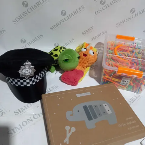 BOX OF APPROXIMATELY 10 ASSORTED ITEMS TO INCLUDE TURTLE PLUSH, POLICE HAT, WOODEN ELEPHANT XYLOPHONE ETC