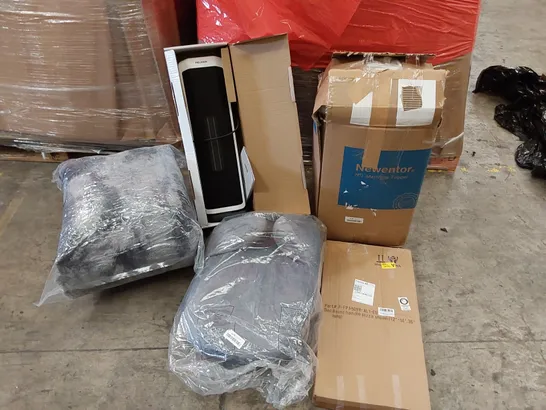 PALLET OF ASSORTED ITEMS INCLUDING: PELONIS CERAMIC HEATER, KING SIZE MATTRESS TOPPER, CUSHIONS, PIZZA SHOVEL