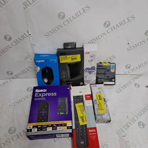 BOX OF APPROXIMATELY 25 HOUSE ELECTRICAL ITEMS TO INCLUDE REMOTES, EARPHONES, POWER BANKS ETC 