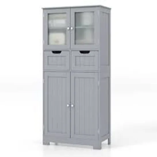 BOXED COSTWAY FREEE-STANDING BATHROOM CABINET WITH 2 DRAWERS AND GLASS DOORS - GREY