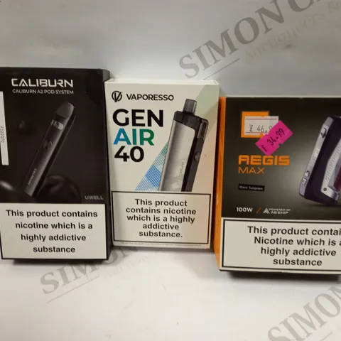 BOX OF APPROXMATELY 25 E-CIGARETTES AND LIQUIDS TO INCLUDE VAPORESSO GEN AIR 40, CALIBURN A2 POD SYSTEM, AEGIS MAX BLACK TUNGSTEN, ETC