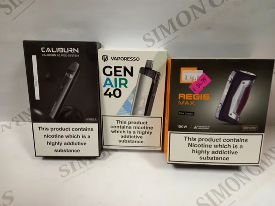 BOX OF APPROXMATELY 25 E-CIGARETTES AND LIQUIDS TO INCLUDE VAPORESSO GEN AIR 40, CALIBURN A2 POD SYSTEM, AEGIS MAX BLACK TUNGSTEN, ETC