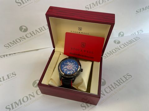 MEN’S STOCKWELL AUTOMATIC SPORTS WATCH, SKELETON DIAL, BLACK LEATHER STRAP WITH RED DETAILING RRP &pound;600.00