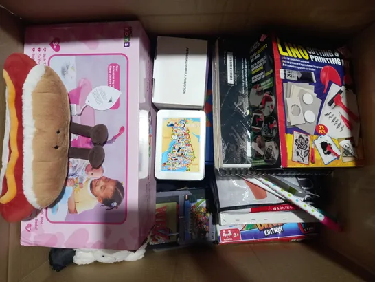 BOX OF APPROXIMATELY 20 ASSORTED TOYS AND GAMES TO INCLUDE THINGS THEY DON'T TEACH YOU IN SCHOOL TRIVIA GAME, BEER PONG SET, WASHING MACHINE, ETC