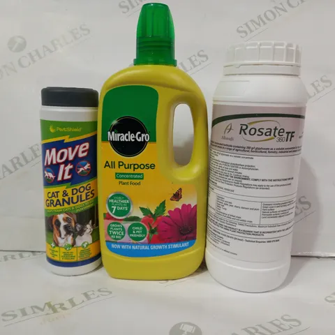 LOT OF APPROXIMATELY 10 ASSORTED HOUSEHOLD ITEMS TO INCLUDE ROSATE 360 TF, MIRACLE GRO ALL PURPOSE PLANT FOOD, PESTSHIELD MOVE IT CAT & DOG GRANULES, ETC