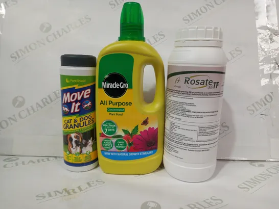 LOT OF APPROXIMATELY 10 ASSORTED HOUSEHOLD ITEMS TO INCLUDE ROSATE 360 TF, MIRACLE GRO ALL PURPOSE PLANT FOOD, PESTSHIELD MOVE IT CAT & DOG GRANULES, ETC