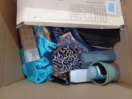 BOX OF APPROX 20 ASSORTED ITEMS TO INCLUDE - CREP & GUARD ANTI CREASE - ELF REUSEABLE BOTTLE - WIRELESS KEYBOARD ECT