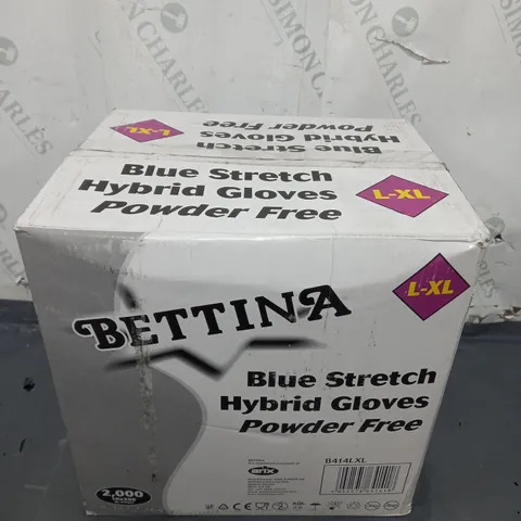 BOXED BETTINA BLUE STRETCH HYBRID POWDER FREE GLOVES (L-XL) - QTY: 2000