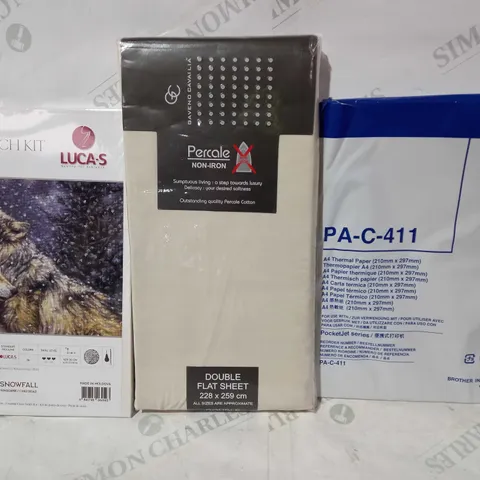 BOX OF APPROXIMATELY 10 ASSORTED HOUSEHOLD ITEMS TO INCLUDE BROTHER PA-C-411 A4 THERMAL PAPER, PERCALE NON-IRON DOUBLE FLAT SHEET, CROSS STITCH KIT, ETC