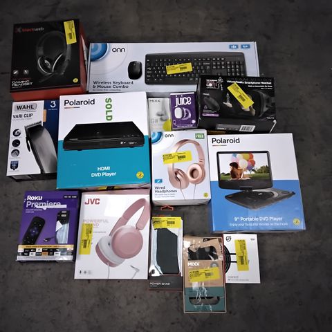 BOX OF ASSORTED ELECTRONIC ITEMS TO INCLUDE ROKU PREMIERE, WALL VARI CLIP, BLACKWEB GAMING HEADSET, JVC WIRED HEADPHONES, DREAM VISION SMARTPHONE VR HEADSET, ETC