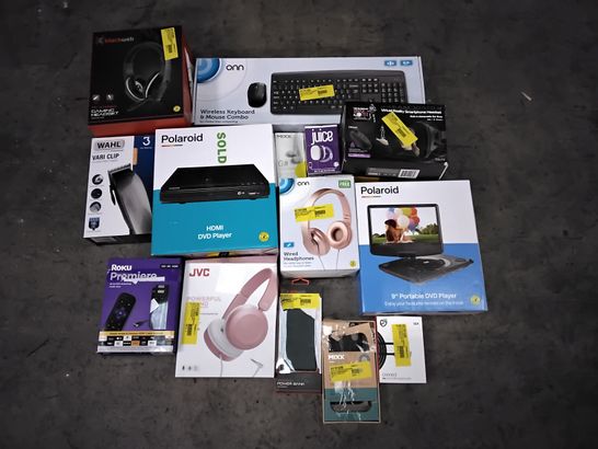 BOX OF ASSORTED ELECTRONIC ITEMS TO INCLUDE ROKU PREMIERE, WALL VARI CLIP, BLACKWEB GAMING HEADSET, JVC WIRED HEADPHONES, DREAM VISION SMARTPHONE VR HEADSET, ETC