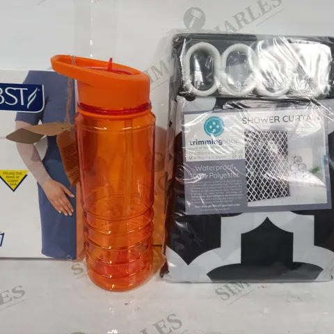 LOT OF APPROXIMATELY 20 ASSORTED HOUSEHOLD ITEMS TO INCLUDE SHOWER CURTAIN, DRINKS BOTTLE IN ORANGE, JOBST BELLA LITE MEDICAL COMPRESSION GARMENT, ETC