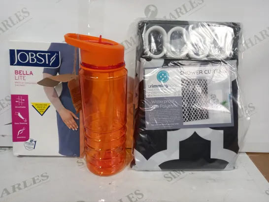 LOT OF APPROXIMATELY 20 ASSORTED HOUSEHOLD ITEMS TO INCLUDE SHOWER CURTAIN, DRINKS BOTTLE IN ORANGE, JOBST BELLA LITE MEDICAL COMPRESSION GARMENT, ETC