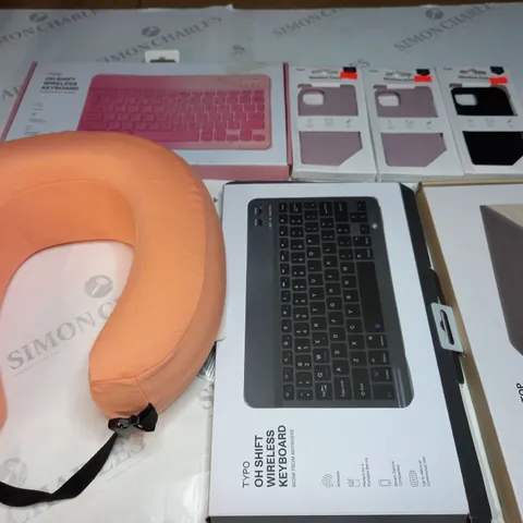 MEDIUM BOX OF ASSORTED HOUSEHOLD ITEMS TO INCLUDE PHONE CASES , KEYBOARDS AND TRAVEL PILLOWS 