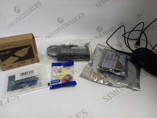 LOT OF APPROXIMATELY 20 ASSORTED ELECTRICAL ITEMS, TO INCLUDE USB CARD READER, AC ADAPTER, LED LIGHT STRIP, ETC