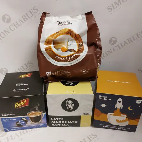 BOX OF APPROX 10 ITEMS TO INCLUDE RENE ESPRESSO PODS, KAFFEKAPSLEN LATTE MACCHIATO PODS, SENSO NO TURNO LATTE CREME BRULEE