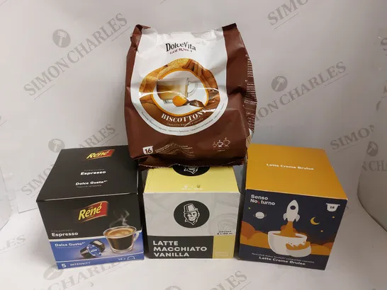 BOX OF APPROX 10 ITEMS TO INCLUDE RENE ESPRESSO PODS, KAFFEKAPSLEN LATTE MACCHIATO PODS, SENSO NO TURNO LATTE CREME BRULEE