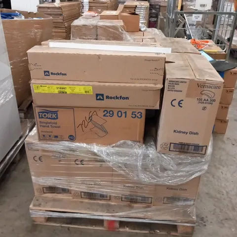 PALLET OF ASSORTED PRODUCTS TO CONSIST OF; VERNACARE KIDNEY DISHES(APPROXIMATELY 3000) TORK SINGLE FOLD HANDTOWELS(APPROXIMATELY 3000) AND ROCKFORM CHICAGO METALLIC 