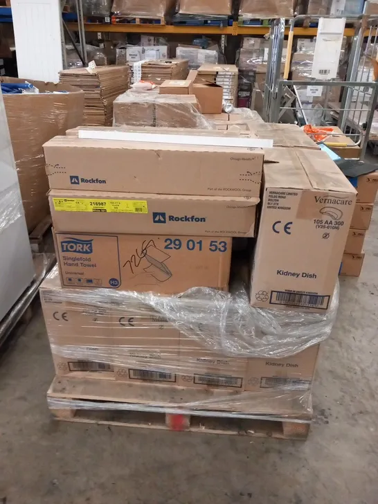 PALLET OF ASSORTED PRODUCTS TO CONSIST OF; VERNACARE KIDNEY DISHES(APPROXIMATELY 3000) TORK SINGLE FOLD HANDTOWELS(APPROXIMATELY 3000) AND ROCKFORM CHICAGO METALLIC 