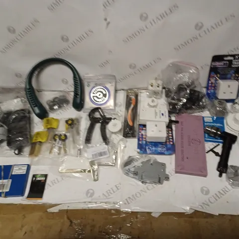 LOT OF ASSORTED GOOD TO INCLUDE KELSIUS WIRELESS TEMPERATURE SENSOR , EUROPEAN TRAVEL ADAPTORS , ETC