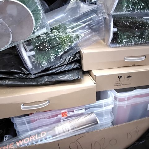 LARGE PALLET OF ASSORTED ITEMS INCLUDING, CLEARSTORAGE BOXES, CHRISTMAS TREE DECORATIONS, LED RING LIGHTS,WORLD SCRATCH MAPS