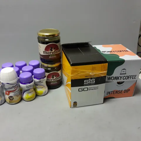 LOT OF ASSORTED FOOD ITEMS TO INCLUDE WONKY COFFEE, FORTISIP COMPACT PROTEIN DRINK, EC