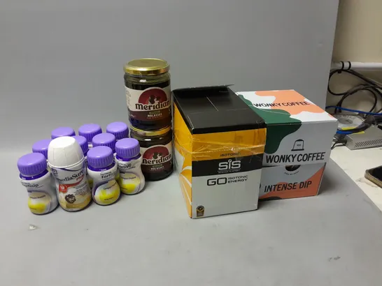 LOT OF ASSORTED FOOD ITEMS TO INCLUDE WONKY COFFEE, FORTISIP COMPACT PROTEIN DRINK, EC